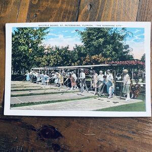 1920s Vintage Postcard People Fashion Shuffleboard Game St Petersburg Florida FL